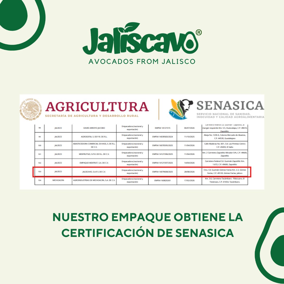 JALISCAVO obtiene certificación de SENASICA y se acerca a su apertura oficial